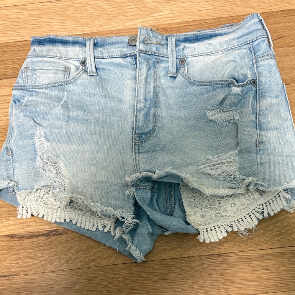 Mudd Light Blue Distressed Denim Shorts with Lace Trim